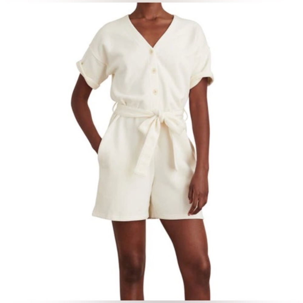Alex Mill French Terry Tie Waist Button Front Romper Ecru/Ivory Size XL
